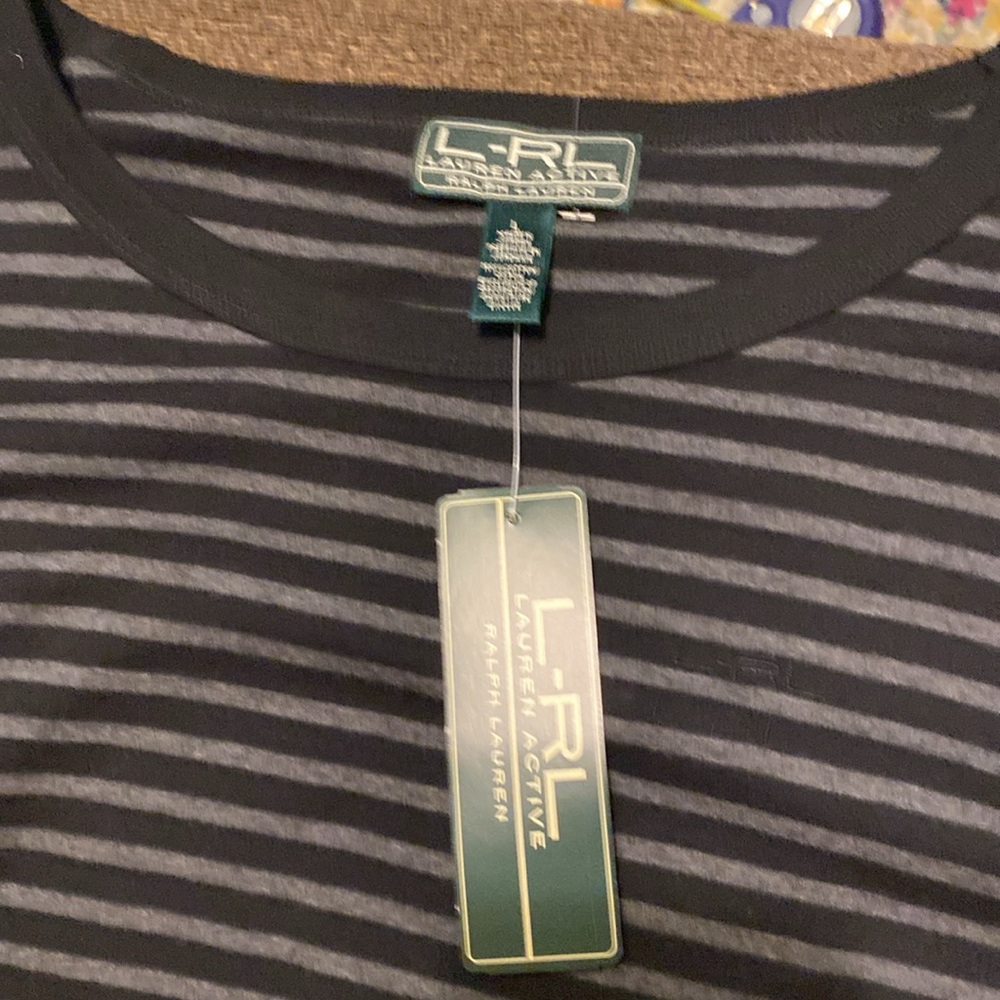 Lauren Ralph Lauren Active top pullover size large gray black striped - Picture 4 of 14